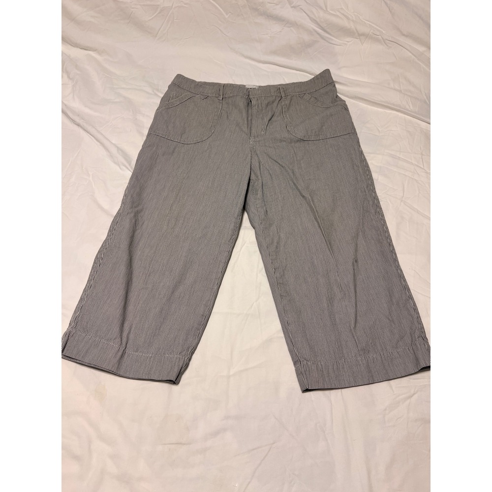 Chicos Womens Size 2 Hickory Stripe Cropped Wide Leg Cotton Pants Blue White
